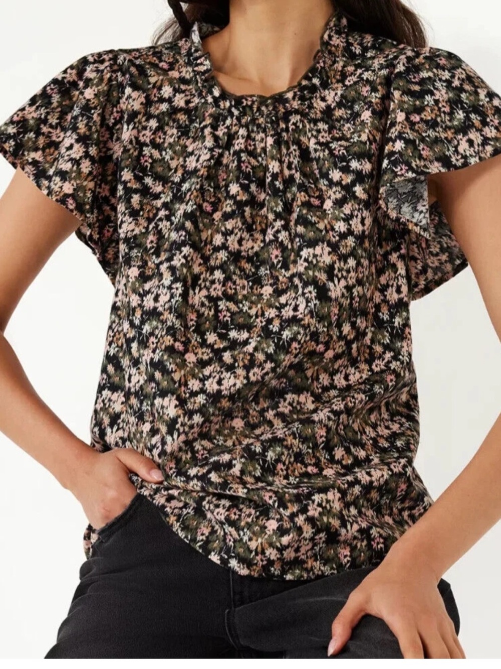 Time and Tru Women's Short Flutter Sleeve Ditsy Floral Blouse Size L Multicolor